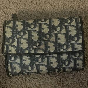 Authentic Christian Dior Beautiful Navy Blue and Beige Monogram Logo Wallet